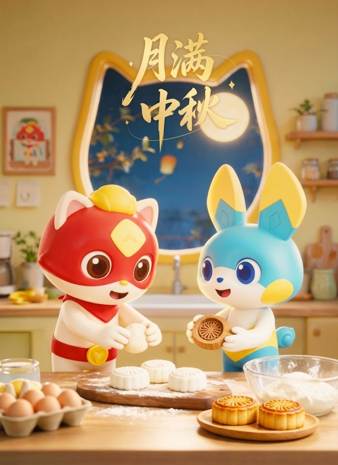 两位角色一起制作中秋月饼，窗外是一轮满月